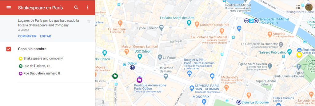 Mapa de las ubicaciones de la librería "Shakespeare and Company" en París en sus 100 años de vida